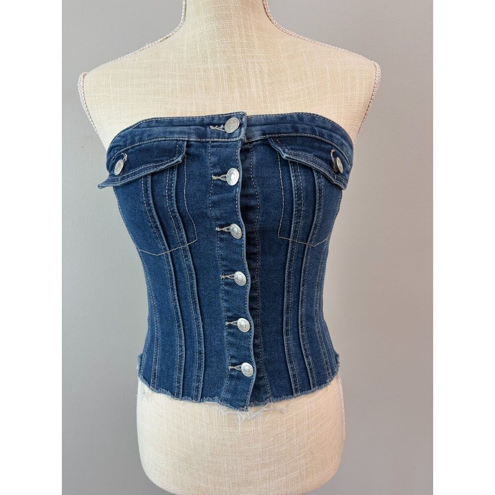 Strapless Denim Tube Top Corset Jean Bustier Raw Fringe Hem Sz L Y2K Western